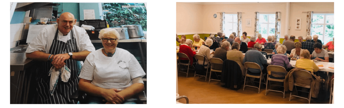 Left image: Andy & Paula Warren in chefs outfits.
Right image: People sitting at a long table in the Church Centre, enjoying  a meal together